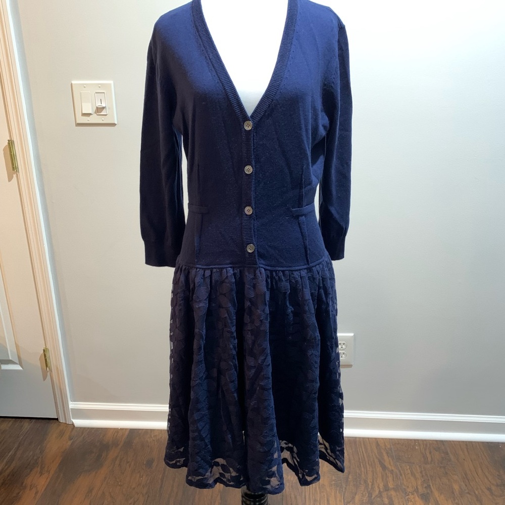 Pink Tartan navy blue knit and lace dress long sleeve large drop waist sweater